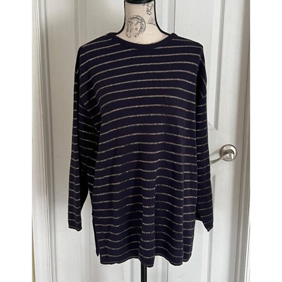Vintage Saks Fifth Avenue  Navy Blue Metallic Stripes Crewneck Sweater Medium 80 - Picture 1 of 9
